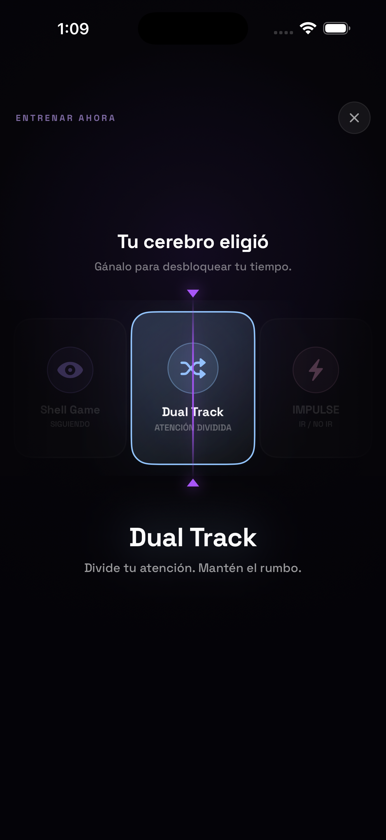 Selector de minijuegos de REWRD, eligiendo entre Shell Game, Dual Track e IMPULSE