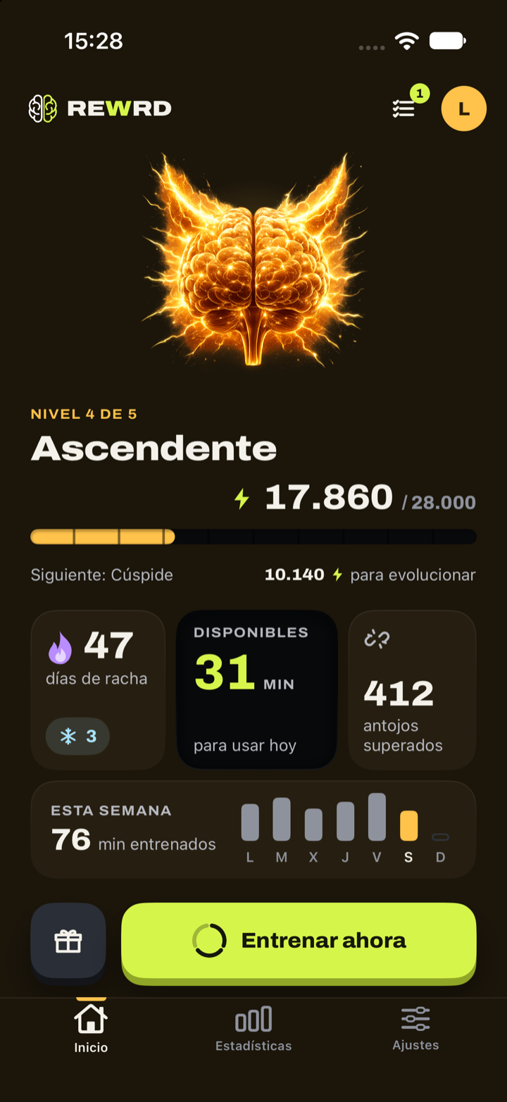 Pantalla de progreso de REWRD con nivel, Sparks, racha y minutos disponibles
