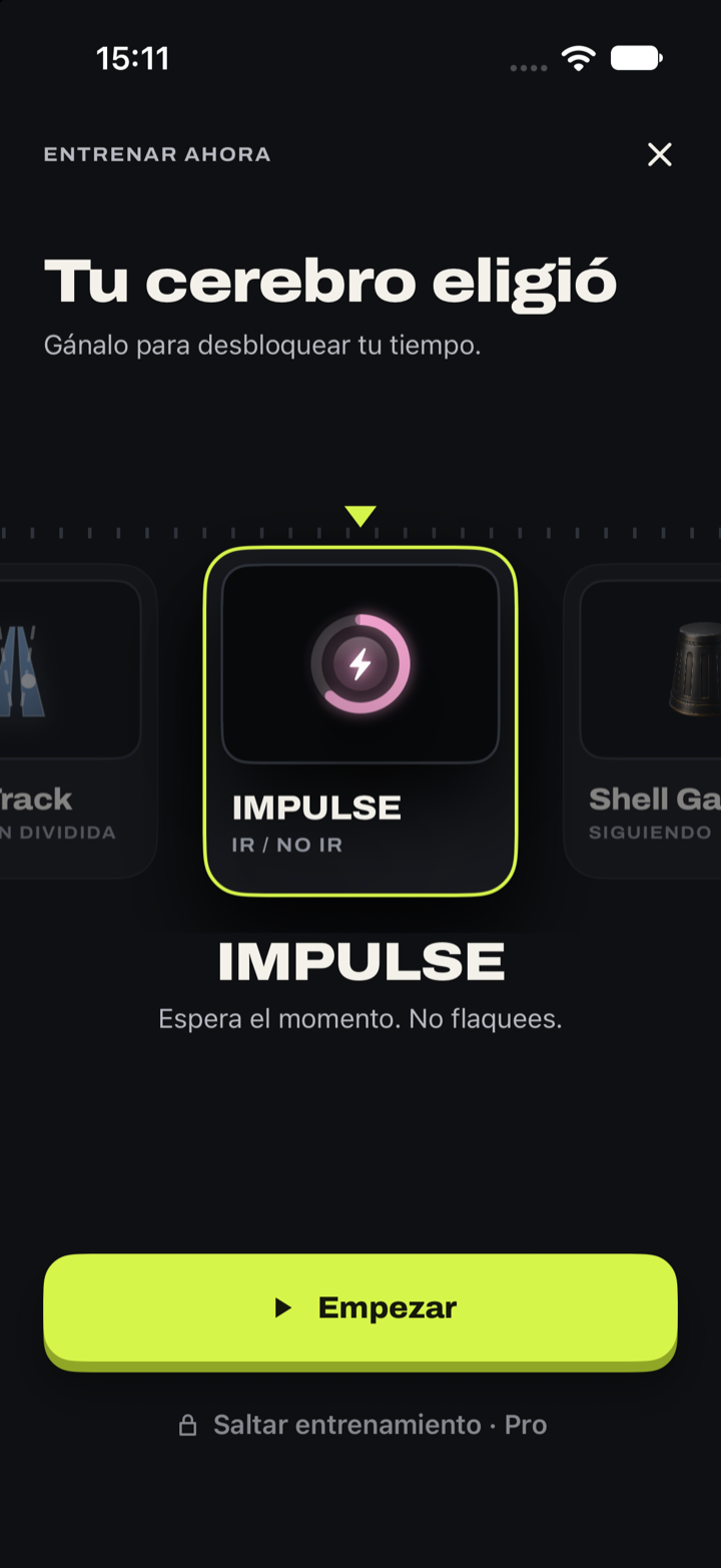 Selector de minijuegos de REWRD, eligiendo entre Shell Game, Dual Track e IMPULSE