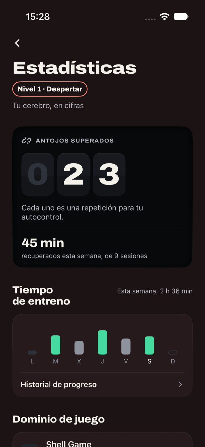 Pantalla de estadísticas de REWRD con antojos superados y dominio por juego